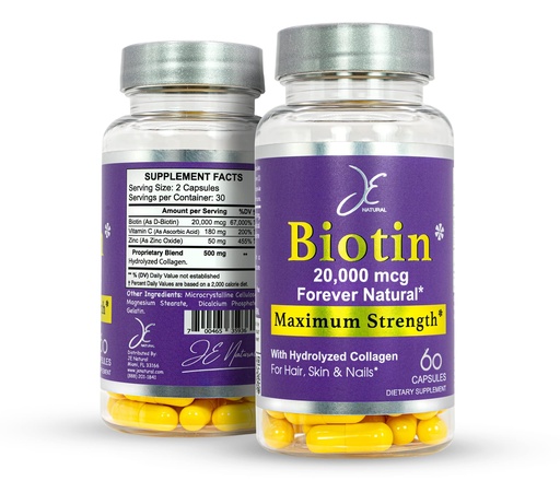 [BRSRMBQ6AUHGMETP] JE Natural Biotin Hair Skin and Nails Vitamins, Vitamin C, Biotin and Collagen Supplements That Make Hair Grow Faster and Longer, for All Ages, 60 Capsules of Biotin 20000mcg Maximum Strength.