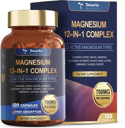 [BRSROCAFABYGCCA7] Totaria Magnesium Complex 700mg 12 Magnesio 1ean Glycinate Citrate Oxide Taurate Aspartate Orotate Magnesium Relaxation,Muscle,Heart Support, Vegan 120 kapsulak