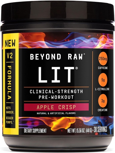 [BRSREGL4DEHQYFA3] BEYOND RAW LIT V2 Clinical Strength Pre Workout Powder, Hits Harder, Bigger Pumps, Caffeine, L-Citrulline, Creatine, Apple Crisp, 30 Servings