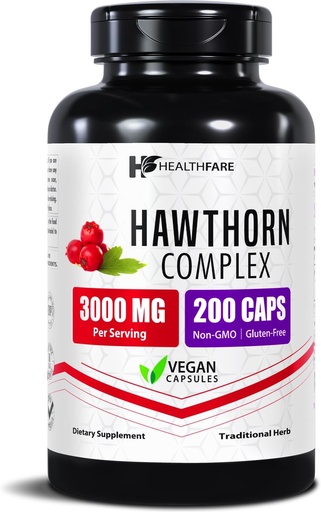 [BRSRAHAYOB7GOFLP] Healthfare Hawthorn Berry Supplement Extract 3000mg.Formule d'herbe extra-résistante de 200 capsules végétaliennes soutient la santé cardiaque et circulatoire.