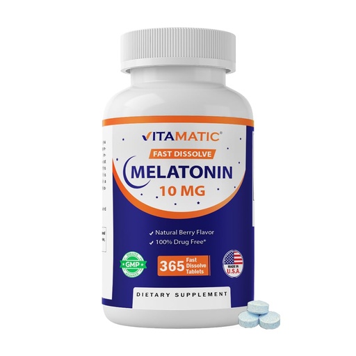[BRSRMBQEB4IBEHL3] Vitamatic Melatonin 10 mg Fast Dissolve Tablets – Quick-Dissolving Sleep Support Supplement for Adults – Vegetarian, Non-GMO & Gluten-Free – Natural Berry Flavor – 365 Tablets