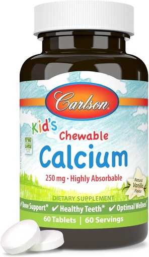 [BRSWIYQZAZ4BMCLI] Carlson - Kid's Chewable Kalsium, 250 mg, svært absorberbar, Bein og tenner støtte, Optimal velvære, Naturlig Vanilla Flavor, 60 tabletter