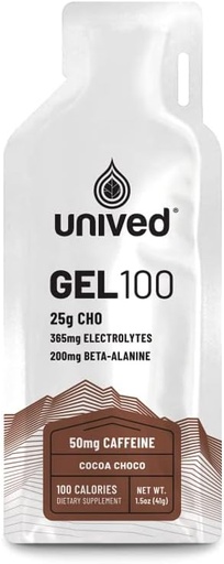 [BRSW2A32OEORUFLA] Unived Gel 100 - Vegan Energy Gel for Endurance Athletes Runners & Cyclists - 100kcal - Cocoa Choco - 50mg Caffeine - Pack of 6