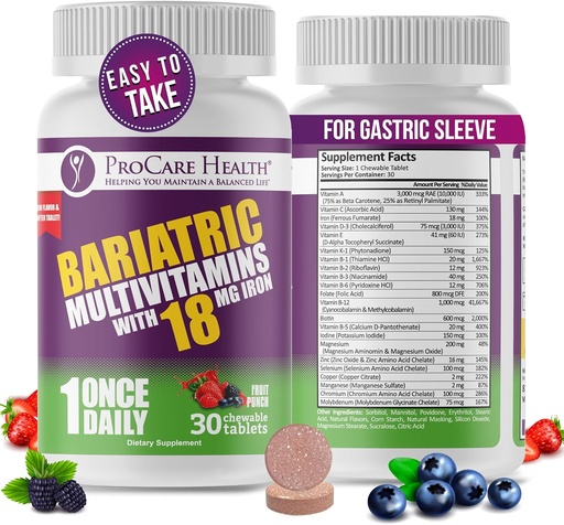 [BRSWYZYPOAOQAHL3] ProCare Health Bariatric Chewable Multivitamin med jern 18 mg (30 tabletter) - Fruit Punch Flavor Bariatric Multivitamin Chewable for Gastric Bypass & Sleeve Gastrectomy Patienter * (1 måned Tilgang)