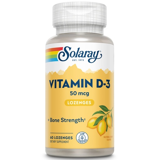 [BRSWIYYICAIRSDLO] SOLARAY Vitamin D3 2000IU Supplement for Men & Women - Vitamin D as Cholecalciferol, VIT D3 50 mcg for Adults, Bone Strength Support, Natural Lemon Flavor - 60 Lozenges