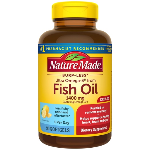 [BRSWIFQ2OYFR23QV] Nature Made Burp Less Ultra Omega 3 Fish Oil Supplements, 1400mg Fish Oil Omega 3 Supplements as Ethyl Esters for Healthy Heart Brain Eyes Support, One Per Day, 90 Softgels