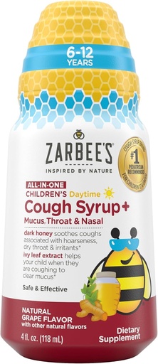 [BRSW2CDQDJ6RSYLD] Zarbee's Children's Daytime All-in-One Honey Cough Syrup + Licus, Throat & Nasal for Kids 6-12 + Dark Honey, Ivy Leaf Extract, Tsink Kurkumjuur, & B-vitamiinid, Drug-free, Grape, 4 fl oz