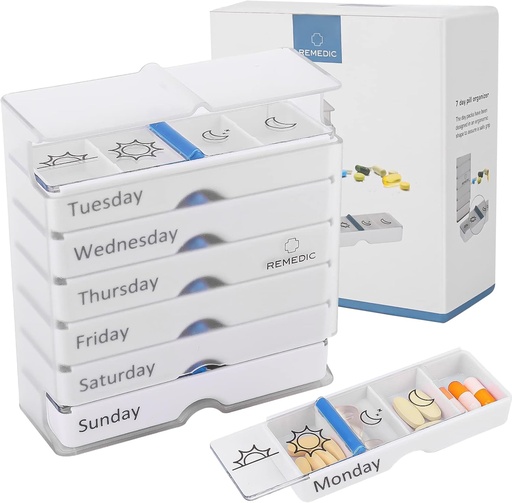 [BRSWYEL5DEAWCYIU] Weekly Pill Organizer 7 Day AM / PM - 4 kompartemen per hari, Arthritis Friendly Pill Case with Better Grip Design, Medicine Planner for Vitamin, Suplemen, and Medications - Easy to Use Pillbox