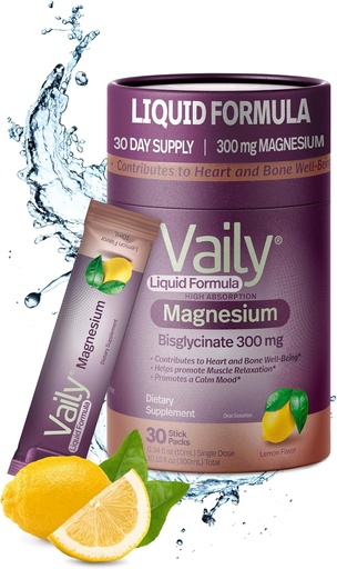 [BRSRAYAFCACQK2Y2] Vaily® Liquid Magnezyum Supplement 300 mg - Gelişmiş Aborpsiyon, Kalp ve Bone Health - Calm Restful Sleep - Sıvı Magnezyum Bisglycinate for Yetişkinler - Lemon Flavor,30PKK