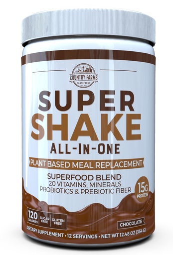 [BRSWGBQ2O4HRYET7] Country Farms All-in-One Super Shake Meal Replacement 15g Plant Protein Dietary Supplement with Superfoods, Vitamins, Probiotics and Prebiotics, 12 Servings, Chocolate, 12.48 Oz