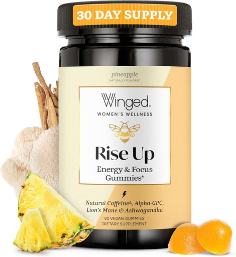 [BRSW2Z3ROADRG3DK] Winged Wellness Rise Up, Energy & Focus Gummies for Women - Daily Brain Boost Gummy Supplement with Natural Caffeine, Ashwagandha, B12, Nootropics Alpha-GPC & Lion’s Mane - Pineapple, 60 Gummies