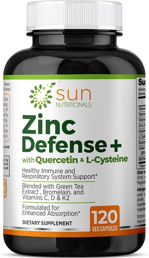 [BRSW2C33BB7GYETP] Zinc Defense+ with Quercetin, Bromelain, L-Cysteine, EGCG (Green Tea Extract), Vitamins C, D3 & K2, 2-Month Supply, 120 VCaps, Non-GMO, Gluten Free