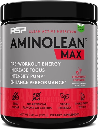 [BRSW2A35OF6AKCDA] AminoLean MAX Natural Pre Workout - Intense Energy, Massive Pumps, Laser Focus med Natural Caffeine, Nitric Oxide, Beta Alanine, BCAAs, Nootropics, 25 Serv