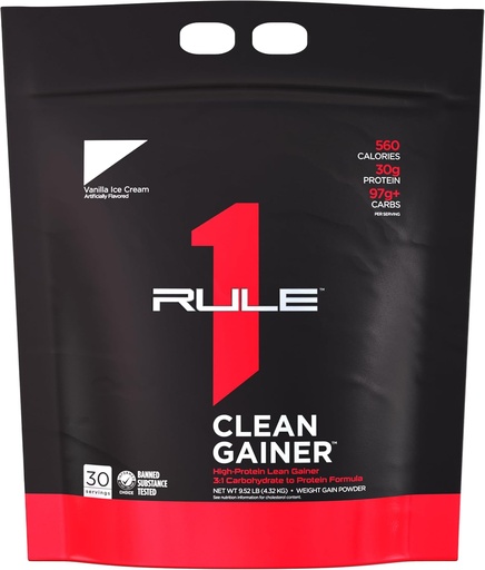 [BRSRMCQECMFR6EI7] Rule 1 Clean Gainer - High-Protein Lean Gain Formula with 560 Calories, 30g of Full-Spectrum Protein, Over 90g Carbs, Under 6g of Fat (30 Servings, Vanilla Ice Crème)