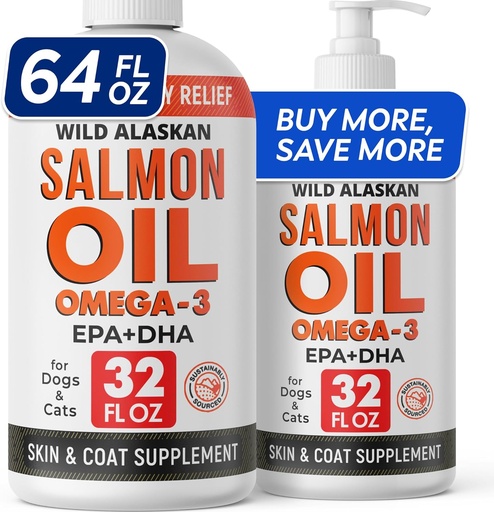 [BRSRAGA5OUOR4AI2] StrellaLab 64 OZ Salmon Oil for Dogs - Omega 3 for Dogs & Cats, Itch & Allergy Relief, Wild Alaskan Salmon Oil Dogs Skin & Coat, Dog Fish Oil Liquid, Shedding Supplement EPA & DHA Fatty Acids - 2Packs