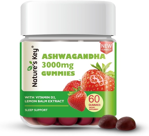 [BRSROHA7C4PAAYIU] Nature's Key Upgraded 2.0 Ashwagandha Gummies, 3000mg Extra Potency Ashwagandha Supplement | with Vitamin D2, Lemon Balm, & Black Pepper ，for Stress Relief and Good Sleep (60 Count, Pack of 1)