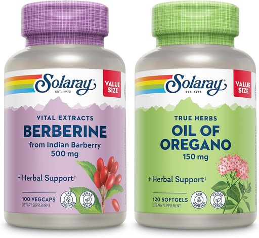 [BRSRAHD3OQGQIDI6] SOLARAY Berberine en olie van Oregano Bundle - Berberine HCl uit Indian Barberry Plus Oregano Oil Supplement voor krachtige Wellness Ondersteuning - 100 VegCaps/120 Softgels