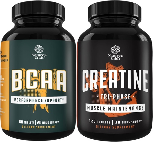 [BRSW2HAFPIBGOD3X] Bundle of Branch Chain Amino Acids Supplement and High Strength Tri Phase Creatine Pills - Vegan BCAA Capsules Post Workout Muscle Recovery and Growth Support - Muscle Mass Gainer and Muscle Recovery