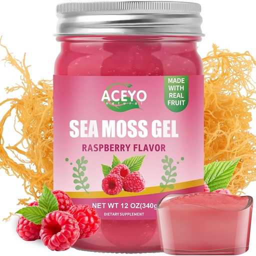 [BRSRMBIBOYNG2HTL] ACEYO (12 OZ) Irish Sea Moss Gel Organic Raw Vegan Raspberry Flavor 102 Vitaminas y Minerales Wild Harvested Non-GMO Immune Defense Booster Thyroid Digestive Support