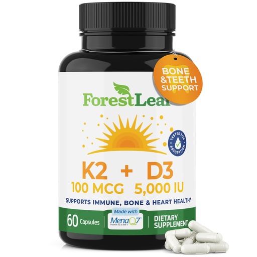 [BRSWYFANAEHQOA3X] ForestLeaf Vitamin D3 + K2 (MK7) Supplement - MenaQ7 - Calcium and Vitamin D3 5000 IU Max Absorption - Teeth and Bone Strength, Heart Health, Immune System Support - 60 Veggie Capsules