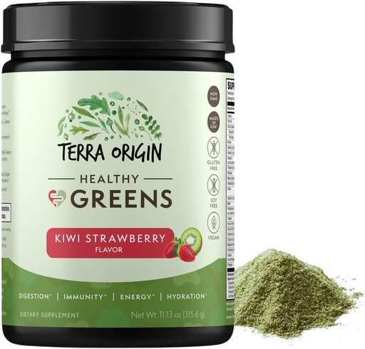 [BRSRAHY6C4HB6C3B] TERRA ORIGIN Healthy Greens Powder Blend | Superfoods, Probiotics, Enzymes, Spirulina | for Immune & Digestive Gut Health Support | Energy & Wellness Boost | 30 Servings (Kiwi Strawberry)