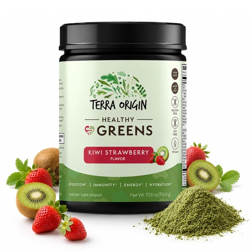 [BRSRAHY6C4HB6C3B] TERRA ORIGIN Super Greens Powder | Greens Superfood Powder with Probiotics, Enzymes & Spirulina | Vegan, Non-GMO, Gluten Free | Gut Health, Immunity & Bloating Relief | 30 Servings Kiwi Strawberry