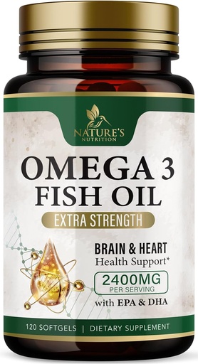 [BRSROAADDJ7BUCTH] Omega 3 Fish Oil Supplements 2400 mg - Triple Strength Omega3 - EPA & DHA med essentielle fedtsyrer - Naturlig immun, hjerne og hjerte sundhedsstøtte - Burpless, Lemon Flavor, Wild fanget - 120 Softgels