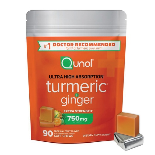 [BRSRAFT7OZ5QG23F] Qunol Turmeric and Ginger Soft Chews, 750mg Turmeric Supplement, Ultra High Absorption to Support Joint Health, 90 Count