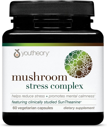 [BRSROFAKCEPRY23J] Youtheory Mushroom Stress Complex, Organic Full-Spectrum Mushrrom with L-Theanine, Help Reduce Stress and Promotes Mental Calmness, 60 Vegetarian Capsules