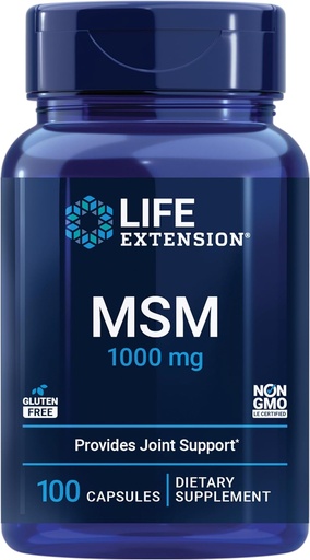 [BRSWIYQZAB5GIHDK] MSM de extensión de vida, 1000 mg, metilsulfonilmetano, soporta articulaciones saludables, soporte antioxidante, libre de gluten, no GMO, 100 cápsulas
