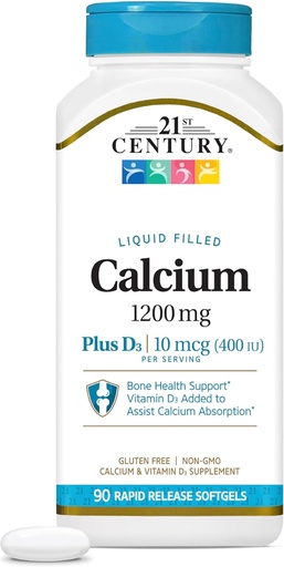 [BRSWIYT6CMCRWDLU] 21st Century Calcium Plus D3 Liquid Filled Softgel, 1200 mg, 90 Count