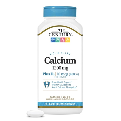 [BRSWIYT6CMCRWDLU] 21st Century Calcium Plus D3 Liquid Filled Softgel, 1200 mg, 90 Count