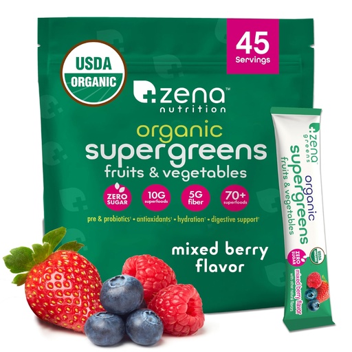 [BRSRAYYLOFYWK2YY] Zena Nutrition Organic Super Greens Powder, 70+ Superfoods, 0 Sugar, 5G Fiber, Spirulina, Chlorella, Antioxidants, Prebiotics/Probiotics, Digestive Enzymes, Mixed Berry, 45 Drink Mix Packets