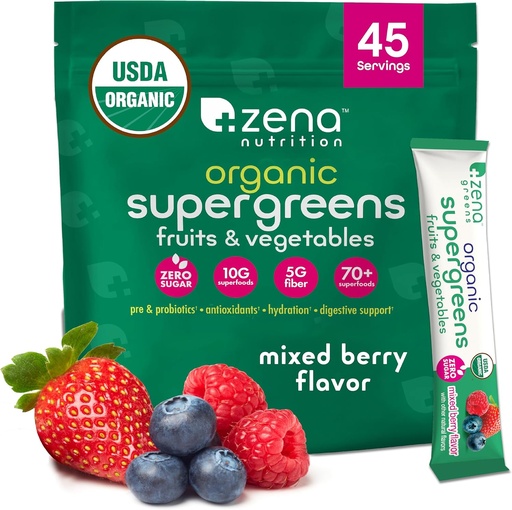 [BRSRAYYLOFYWK2YY] Zena Nutrition Organic Super Greens Powder, 70+ Superfoods, 0 Sugar, 5G Fiber, Spirulina, Chlorella, Antioxidants, Prebiotics/Probiotics, Digestive Enzymes, Mixed Berry, 45 Drink Mix Packets