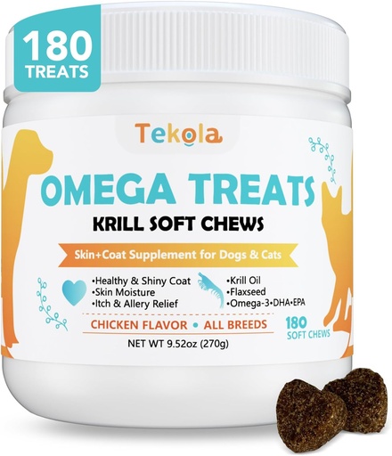 [BRSROAI6B4NWOALK] 180 Chews Omega 3 för hundar och katter - med Krill - Hud och Coat Supplement - Torr & Itchy Skin Relief - Allergy Relief - Shiny Coats - No Shedding - EPA & DHA, Vitaminer och mineraler - Chicken Flavor