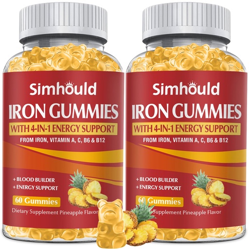 [BRSRAYA7CMFQA33D] 2 Pack Vegan 80MG Iron Supplement Gummies for Women & Men - Vitamin A, C, B for Adults & Kids - Blood & Builder & Energy Support for Iron Deficiency, Anemia, 120 Counts Pineapple Flavor Gummies
