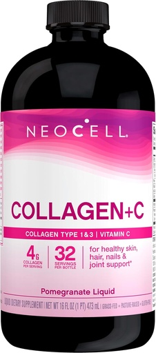 [BRSWIYQYCB4GIFAV] NeoCell Collagen Peptides + Vitamin C Liquid, 4g Collagen Por Serving, Gluten Free, Tipos 1 &amp; 3, Promueve la piel sana, el cabello, uñas &amp; soporte conjunto, granada, 16 Oz