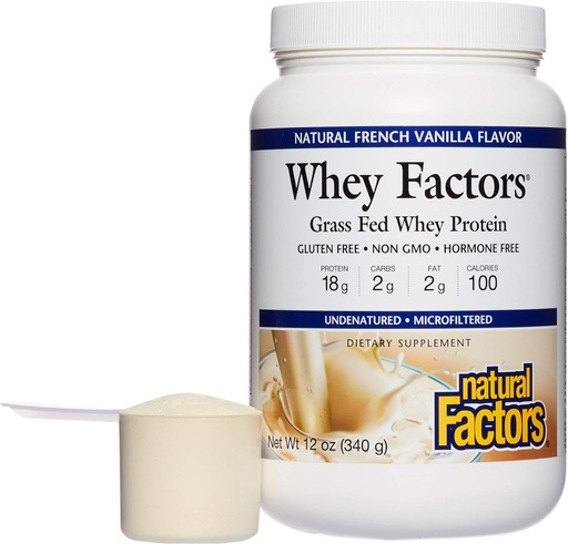 [BRSWIYQFCUCAMEI7] Whey Factors by Natural Factors, Grass Fed Whey Protein Concentrate, Aids Muscle Development and Immune Health, French Vanilla, 12 Oz