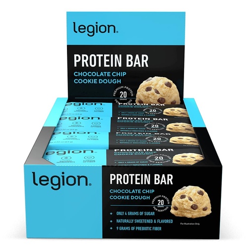 [BRSWGHYLCMHGMDLU] Legion Chocolate Chip Cookie Dough Protein Bar - 100% Whey Protein Bars Low Sugar High Protein with Prebiotic Fiber - Soy-Free, Gluten Free, Naturally Flavored, Low Fat, High Protein Bars (12 Count)