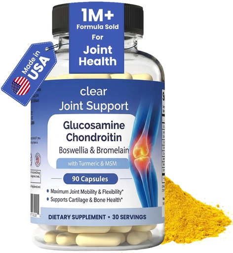 [BRSRABD5C4FAICTU] Clear Joint Support - Glucosamine Chondroitin MSM with Turmeric & Boswellia | 8-in-1 Formula | 90 Capsules (30-Day Supply) | Supports Knee, Hip & Back Health | Made in USA