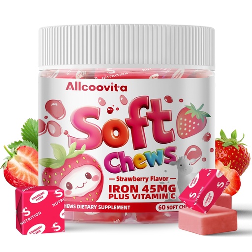 [BRSRAHYCAANGOADV] Iron Soft Chews Supplement with Vitamin C | Strawberry Flavored | Gluten Free | Iron Supplement for Women Men and Kids | 60 Count | 2 Month Supply