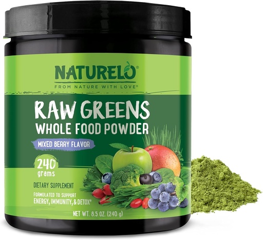 [BRSWGYD2O4MB6HQY] NATURELO Verdes crus Superfood Powder 240 Grams, Berry misto - Suporta energia, imunidade e detox - Inclui espirulina, grama de trigo e verdes orgânicos para alimentação integral