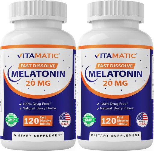 [BRSWYEI2DIBWOH3X] Vitamatic 2 Pack Melatonin 20 mg Fast Dissolve 120 Tablets - Natural Berry Flavor | Vegetarian, Non-GMO, Gluten Free (Total 240 Tablets)