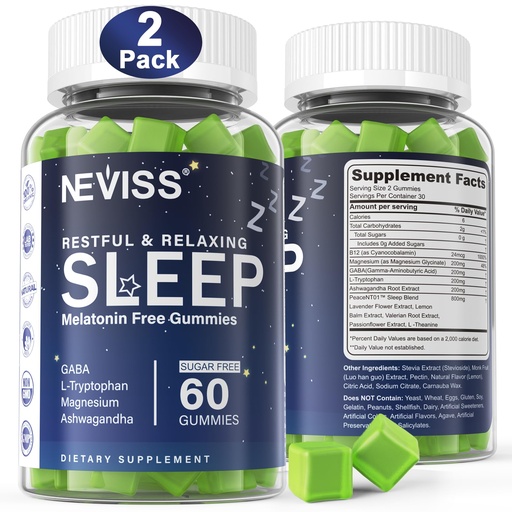 [BRSW2CYBBAJR4ELP] NEVISS Melatonin Free Sleep Aid Gummies for Adults - Magnesium Glycinate Gummies | GABA, L-Tryptophan, Magnesium, Ashwagandha - Non-Habit Forming, Help for Deep Relaxation - Vegan, Lemon Flavor, 2Pack