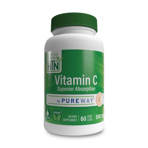 [BRSWIYYDOIDR2A36] Health Thru Nutrition Vitamin-C 500mg as PureWay-C 60 Vegecaps Superior Absorption | Healthy Immune Function and Collagen Support | 3rd Party Tested | Vegan, Non-GMO and Gluten Free