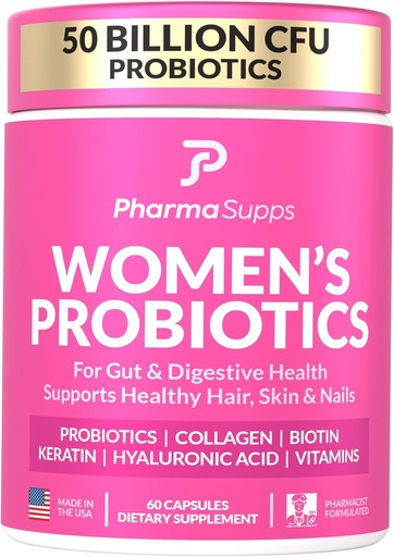 [BRSRAYL3O4HBE3DP] Advanced Women's Probiotics for Gut Health with Hair, Skin, & Nails Vitamins Support - 50 Billion CFU w/Collagen, Biotin & Keratin - Probiotic Supplement for Digestive Health & Bloating Relief.
