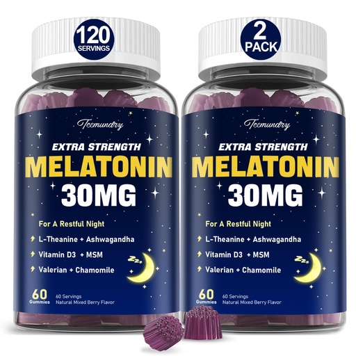 [BRSRAHY7CUCWGHQ7] Melatonin Gummies 30mg for Adults: Maximum Strength Melatonin Supplement with L-Theanine, Ashwagandha, MSM, Vitamin D3 & Zinc - Non-Habit Forming, Natural Mixed Berry Flavor 60 Count (Pack of 2)