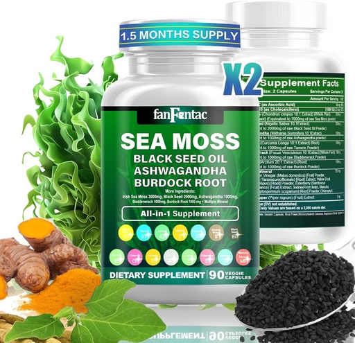 [BRSRAZIYOZ5QO3Y2] Sea Moss 7000mg - Black Seed Oil 2000mg - Ashwagandha 1000mg - Bladderwrack 1000mg - Turmeric 1000mg - Burdock 1000mg - Vitamin C 90mg - Vitamin D3 1000IU - Multiple Minerals 350mg - 180 Capsules