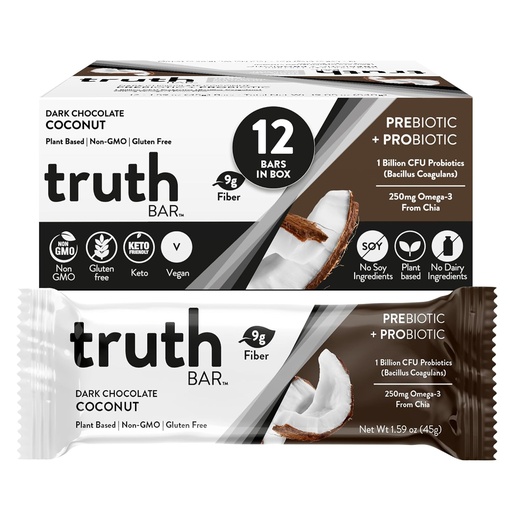 [BRSW2FTYA4MGG2A6] Truth Bar Healthy Snack, Omega 3 from Chia, Plant based, Prebiotics & Probiotics, High fiber, Low sugar, Keto, Kosher, Dark Chocolate, Vegan, Gluten Free, 12 Ct, 45g ea.