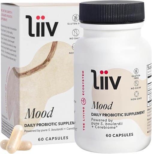 [BRSRMBIEBECGE2TF] LiiV Mood Support Supplement – 8 Billion CFU Men &amp; Women Probiotic – Daily Mood &amp; Digestive Support Supplement – Whole Body Wellness, Powered by Saccharomyces boulardii & Cerebiome (60 Caps)